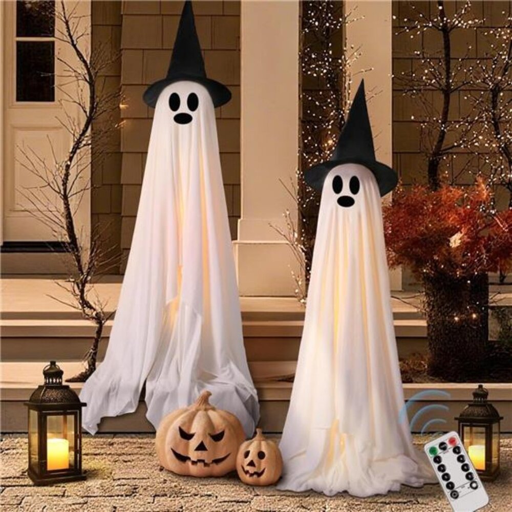2 Pack Large Light-Up Spooky Ghosts with 8 Mode LED Light and 2 Witch Hats